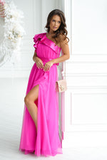 Elegant One-Shoulder Mesh Evening Dress with Satin Ruffle Detail pink