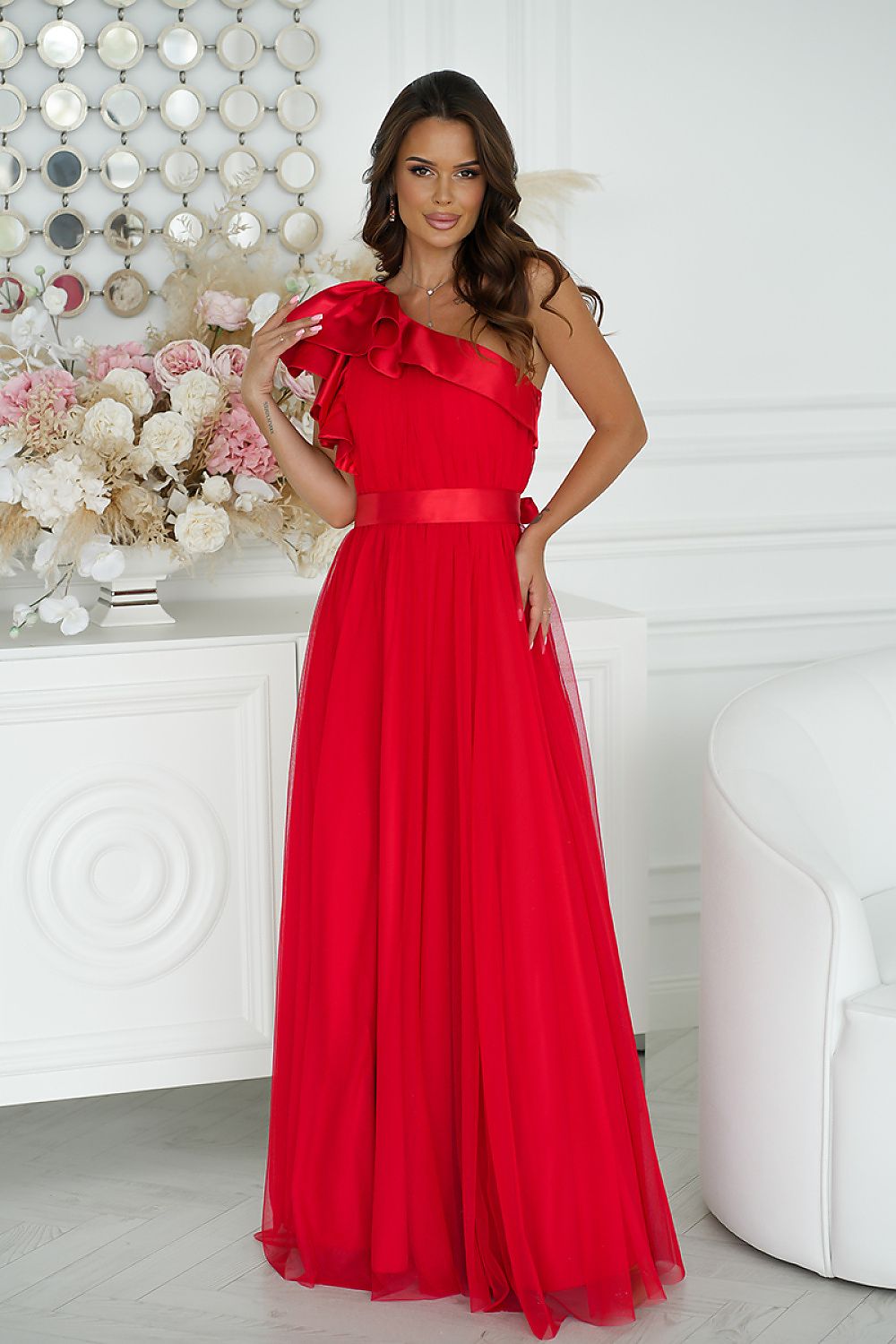 Elegant One-Shoulder Mesh Evening Dress with Satin Ruffle Detail red