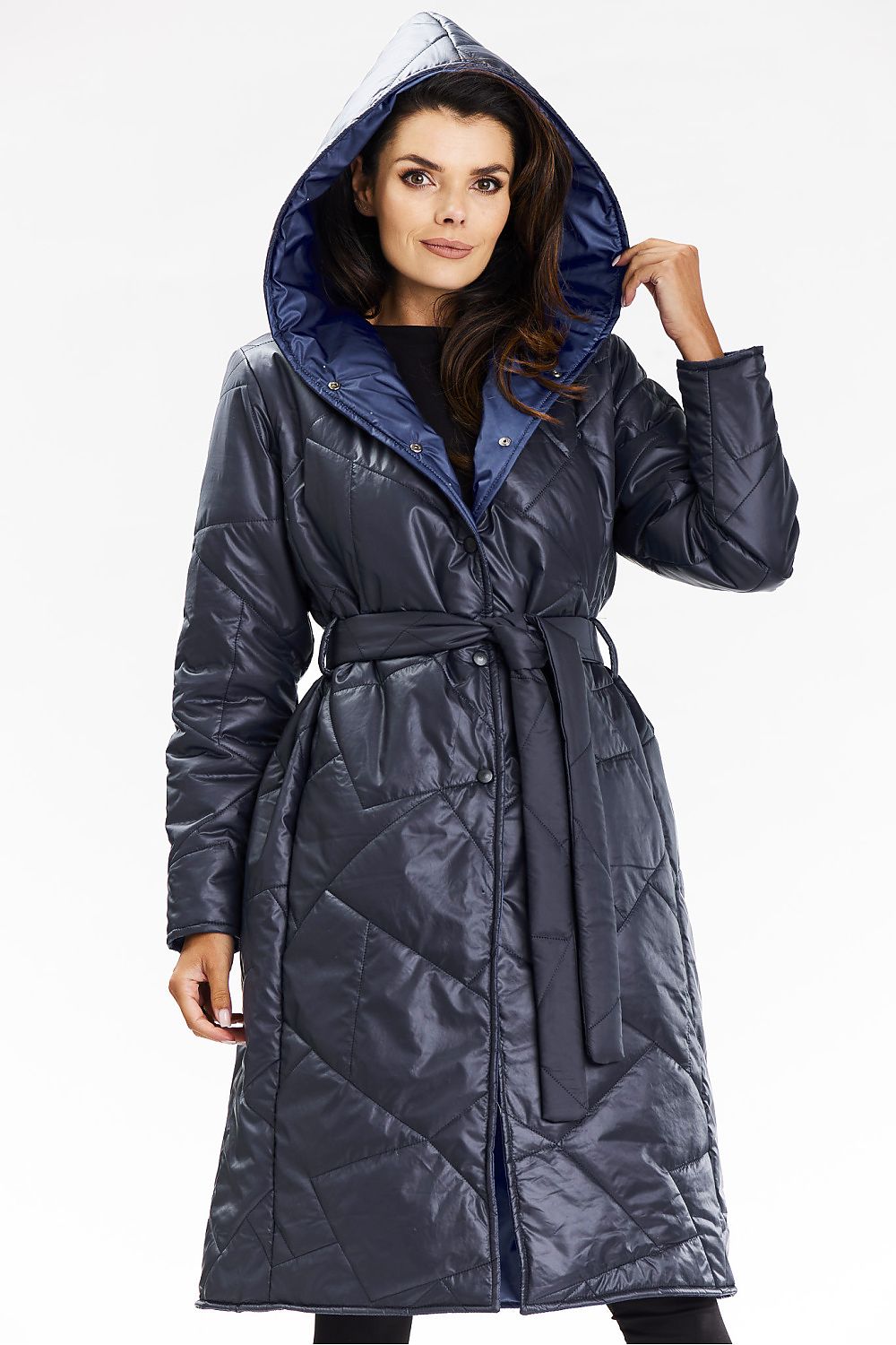 Awama Long Hooded Quilted Coat navy blue