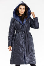 Awama Long Hooded Quilted Coat navy blue