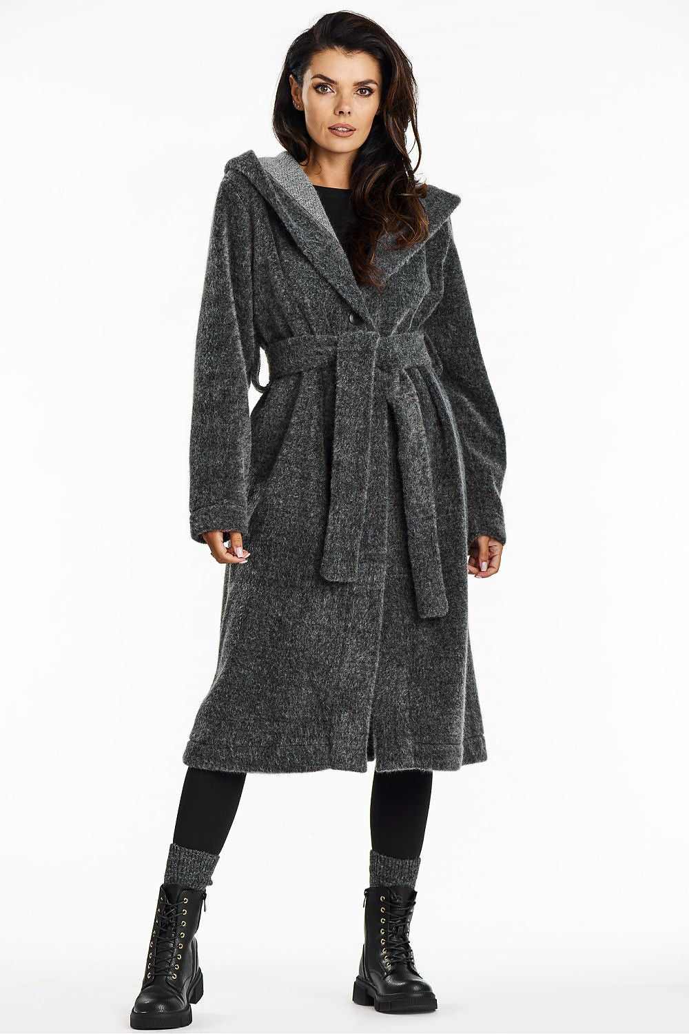 Awama Long Hooded Shawl Collar Coat grey