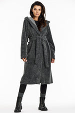 Awama Long Hooded Shawl Collar Coat grey