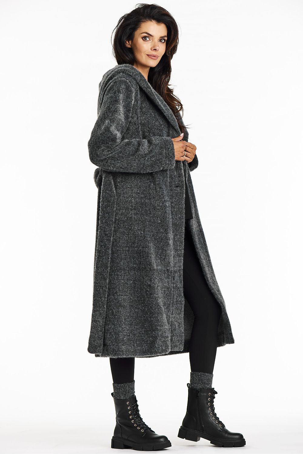 Awama Long Hooded Shawl Collar Coat