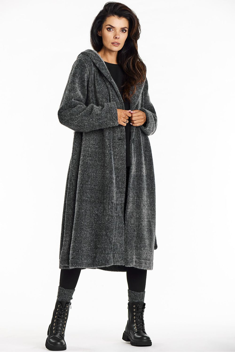 Awama Long Hooded Shawl Collar Coat