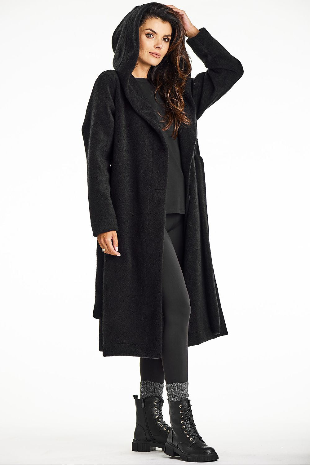 Awama Long Hooded Shawl Collar Coat