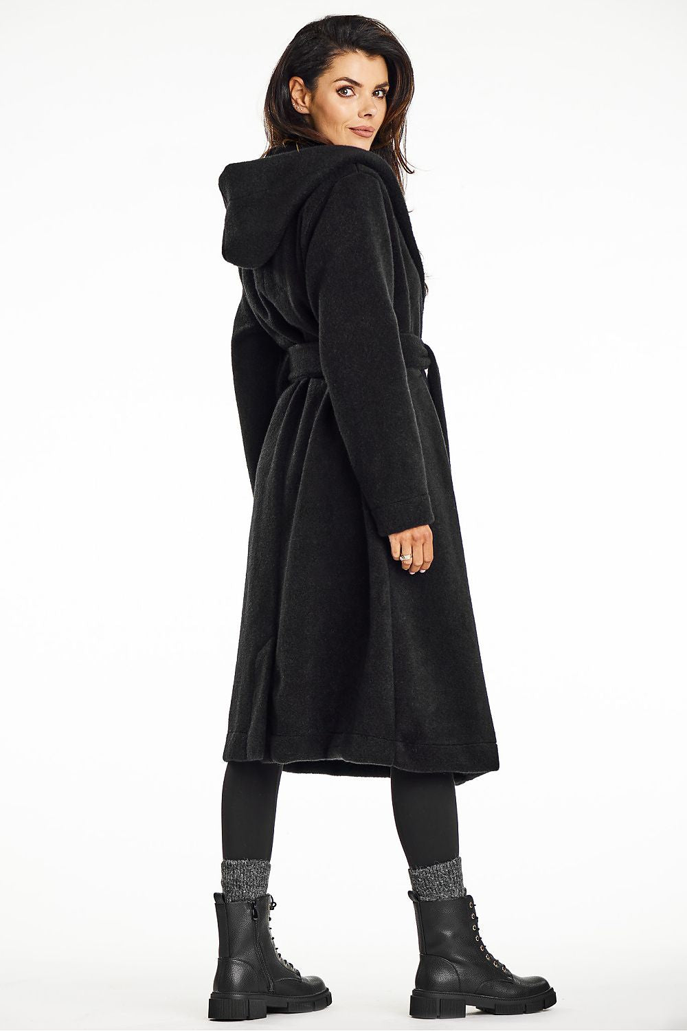 Awama Long Hooded Shawl Collar Coat