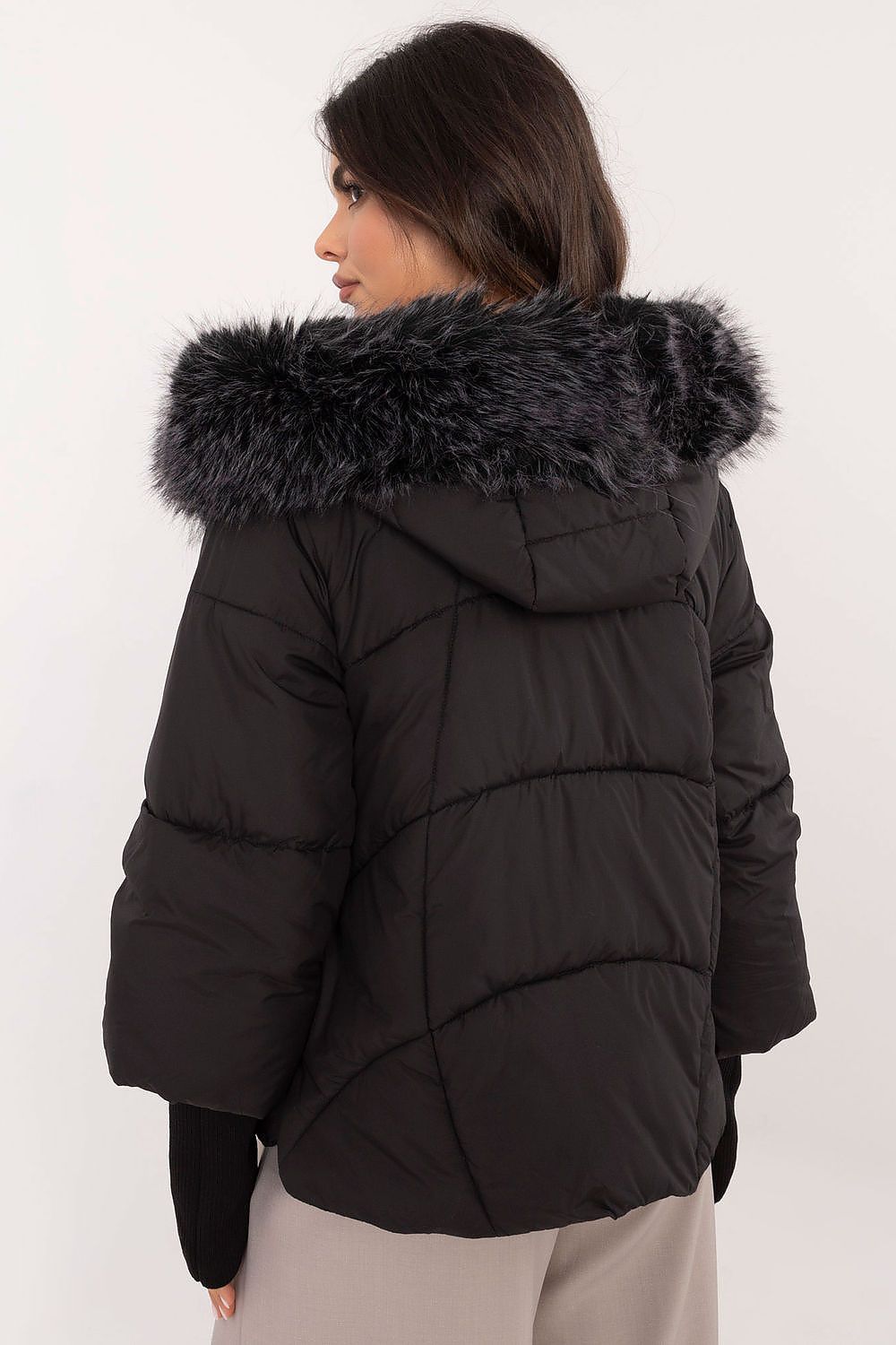 MBM Short Quilted Fur Detail Coat Black
