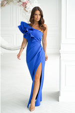Bicotone Maxi Feathered One-Shoulder Flowing Dress blue