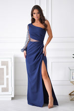 Bicotone Maxi Sequin One-Shoulder Slit Dress navy blue