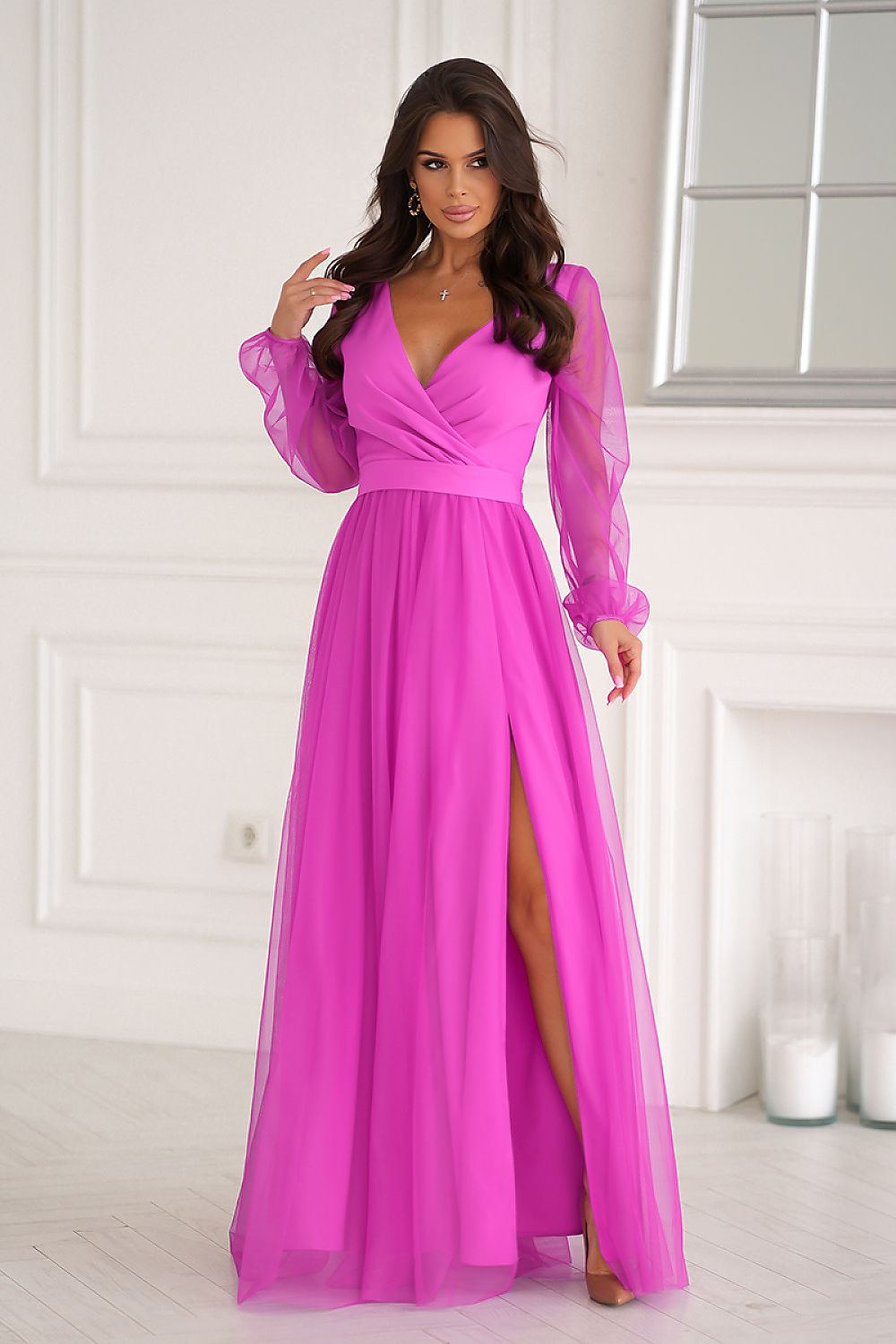 Bicotone Flowing Slit Belted Double-Layer Maxi Dress violet