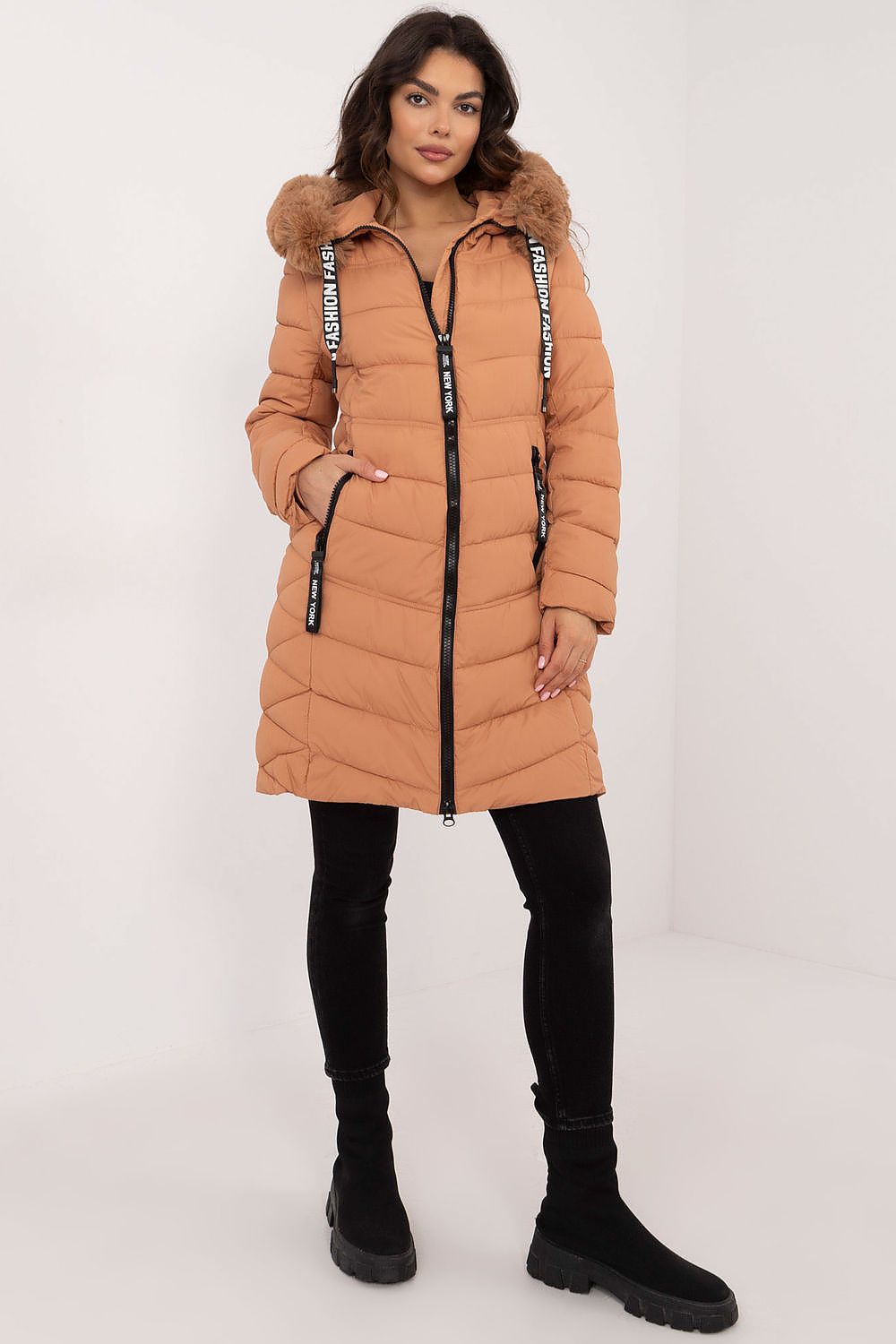 Factory Price Fur Hooded Quilted Coat brown