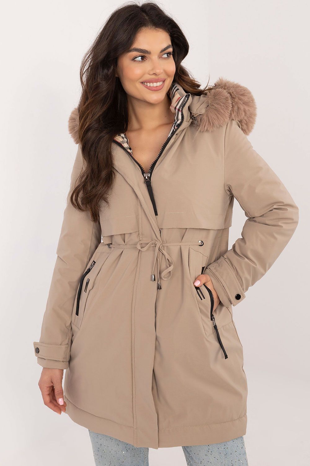 Factory Price Fur Hooded Quilted Coat beige