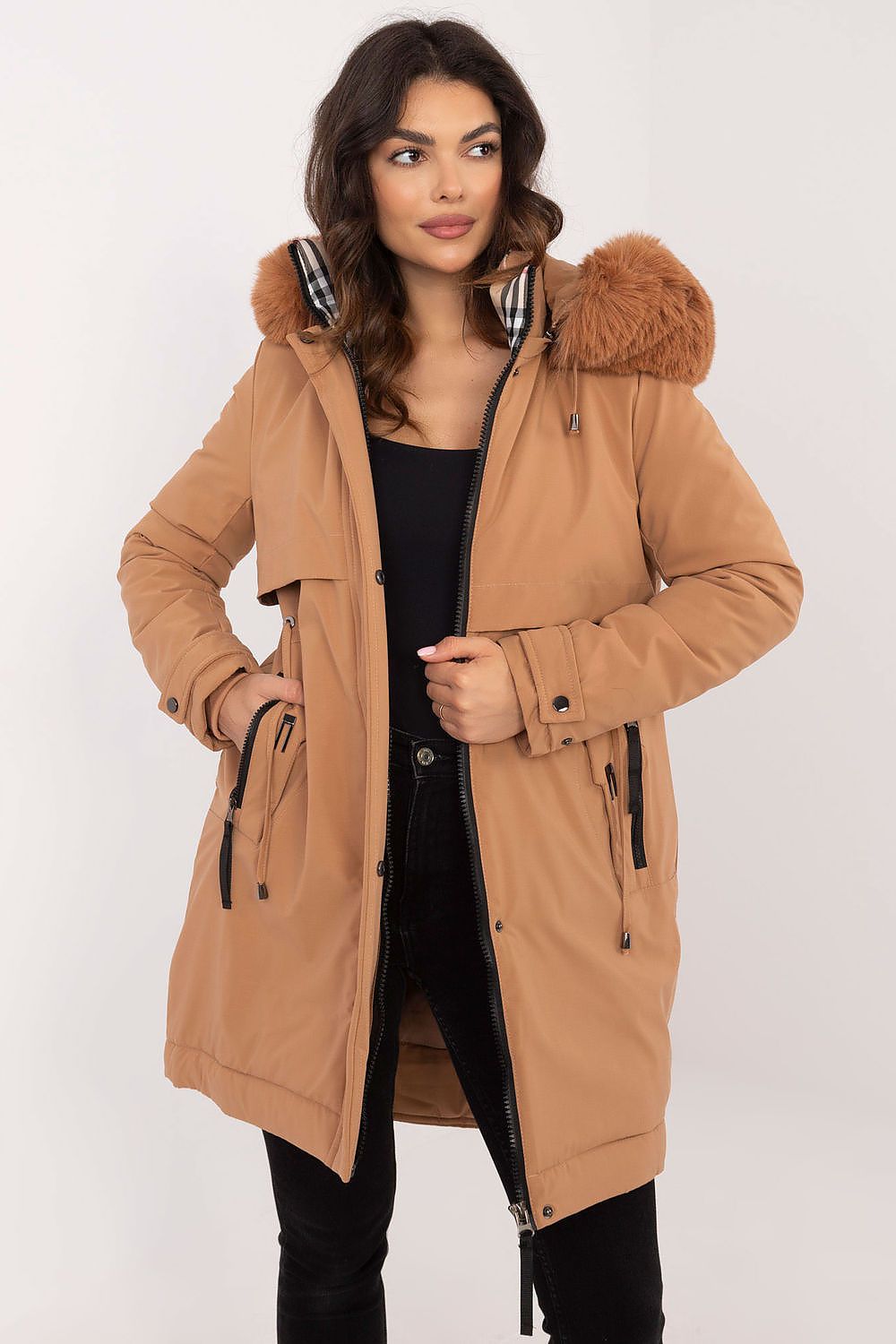Factory Price Fur Hooded Quilted Coat brown