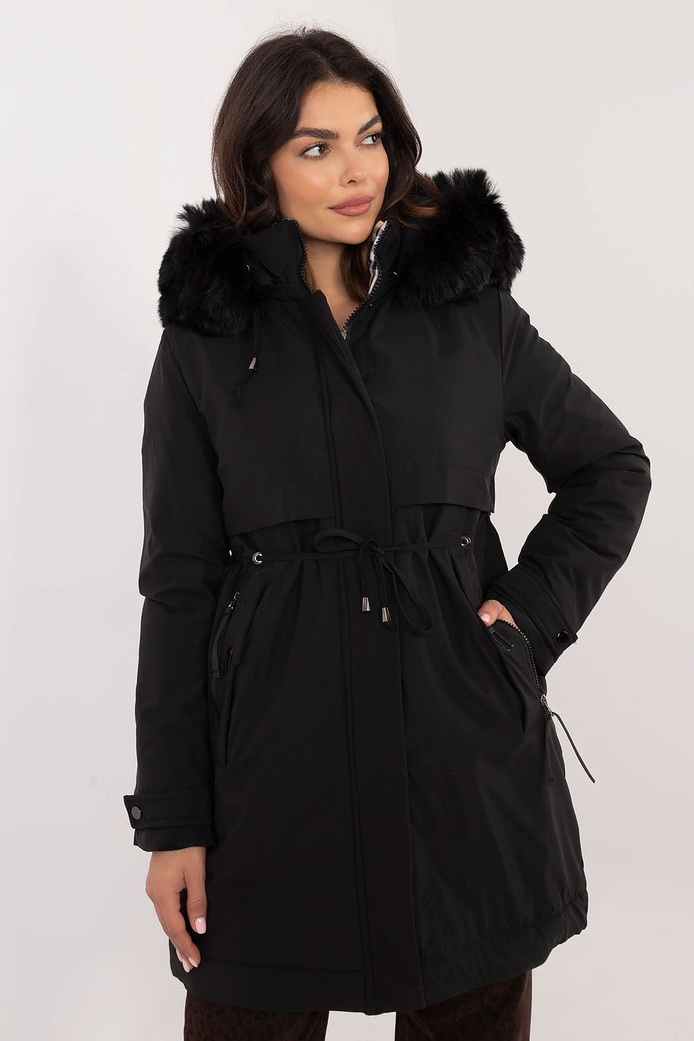 Factory Price Fur Hooded Quilted Coat black