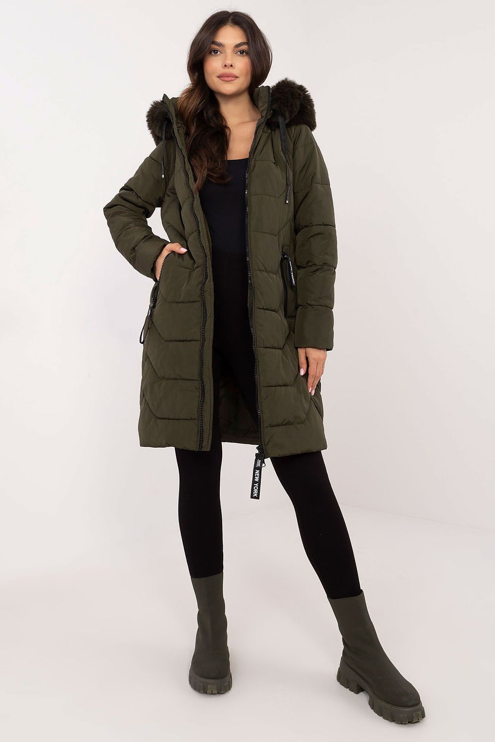 Factory Price Fur Collar Long Parker Coat green