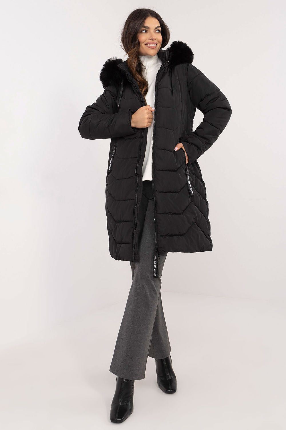 Factory Price Fur Collar Long Parker Coat black