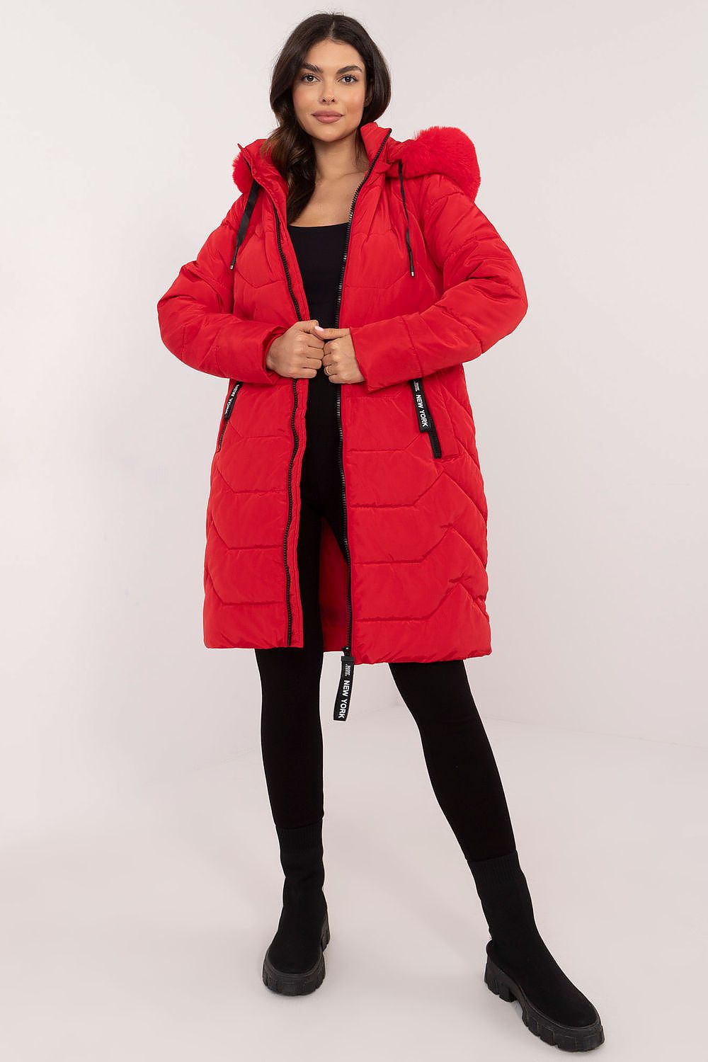 Factory Price Fur Collar Long Parker Coat red