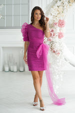 Bicotone Mini One-Shoulder Shimmer Bow Dress