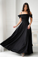 Bicotone Drooping-Strap Side-Slit Flowing Maxi Dress black