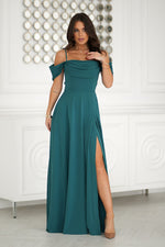 Bicotone Drooping-Strap Side-Slit Flowing Maxi Dress green