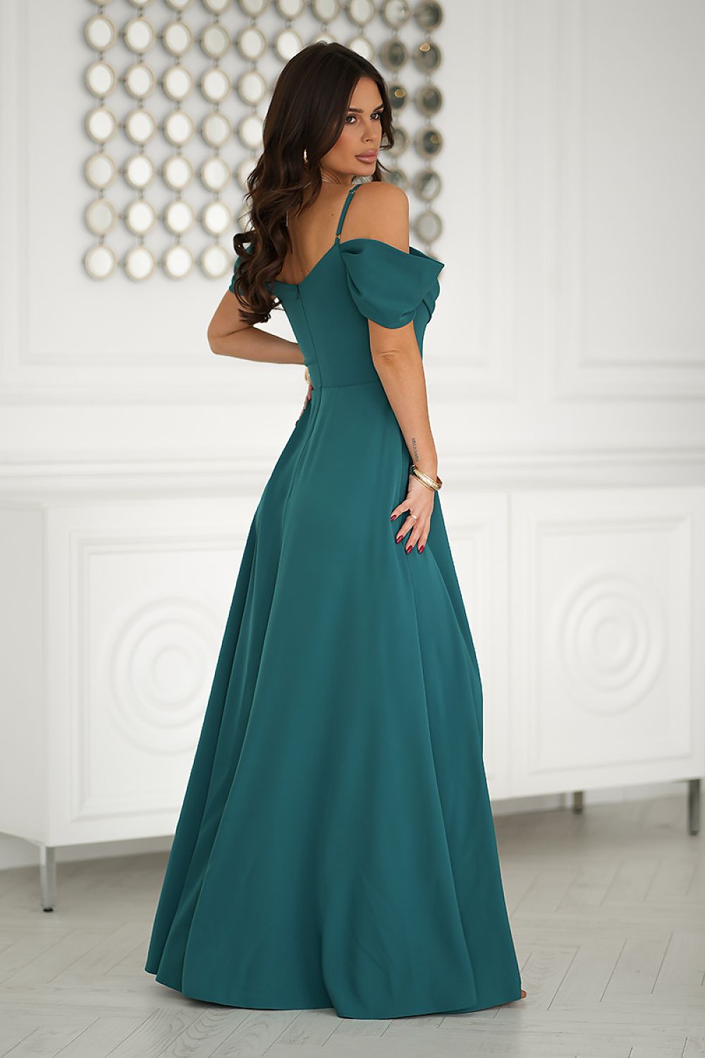 Bicotone Drooping-Strap Side-Slit Flowing Maxi Dress