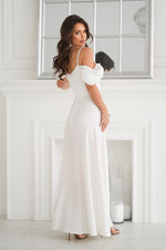 Bicotone Shiny Tulle Waist-Cinched Slit Maxi Dress