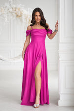 Bicotone Shiny Tulle Waist-Cinched Slit Maxi Dress violet