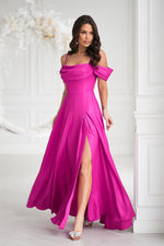 Bicotone Shiny Tulle Waist-Cinched Slit Maxi Dress