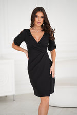Bicotone Wrap-Neck Asymmetrical Pleated Cocktail Dress black