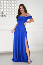 Bicotone Shiny Tulle Waist-Cinched Slit Maxi Dress blue 2