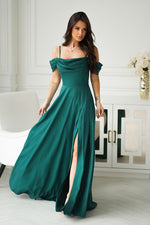 Bicotone Shiny Tulle Waist-Cinched Slit Maxi Dress green