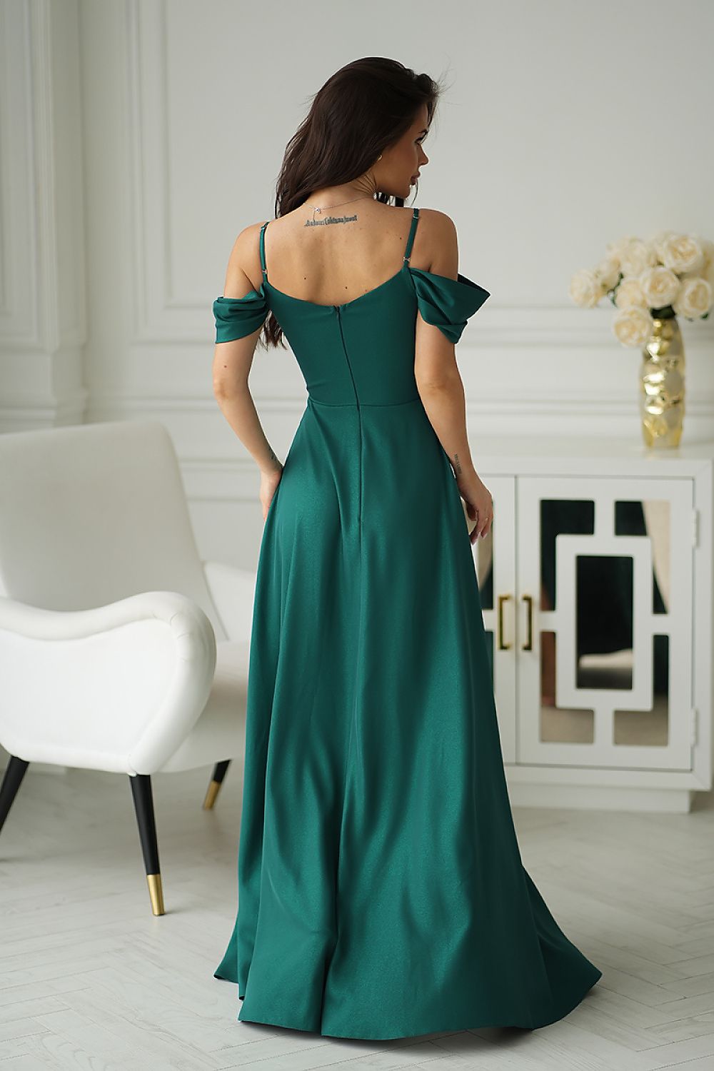 Bicotone Shiny Tulle Waist-Cinched Slit Maxi Dress