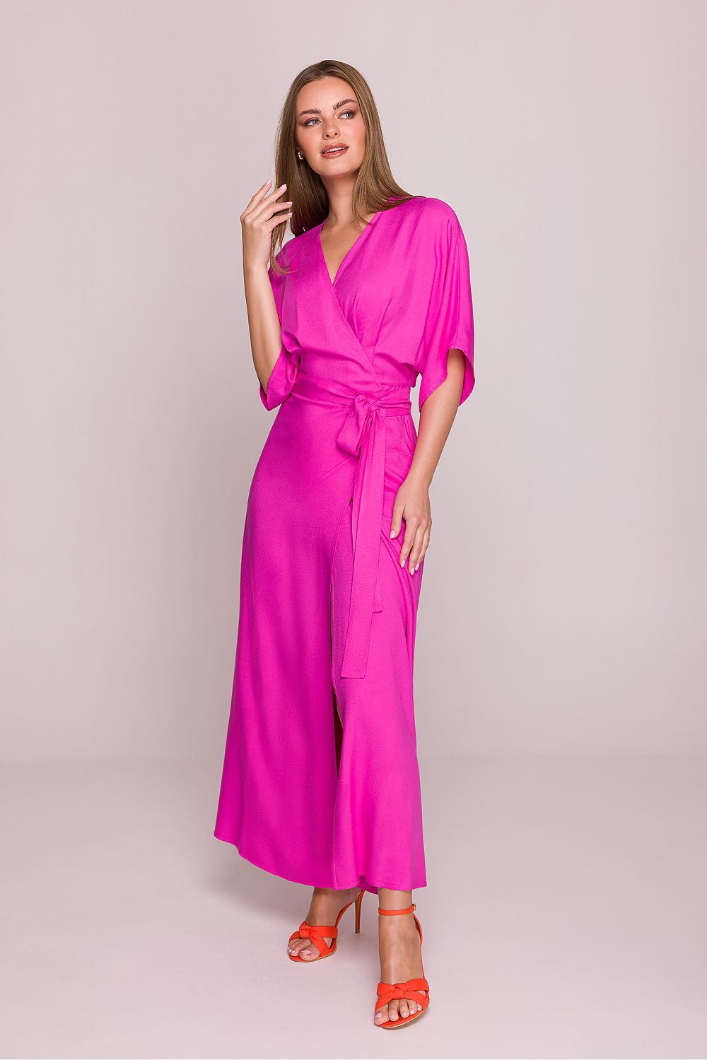 Stylove Viscose Satin V-Neck Flared Day Dress - Sensual Summer Radiance pink