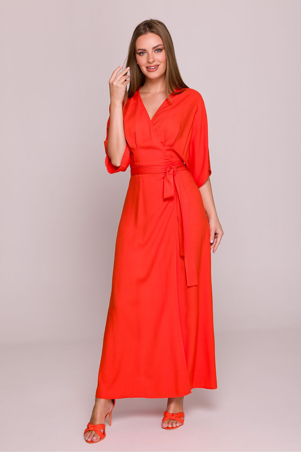 Stylove Viscose Satin V-Neck Flared Day Dress - Sensual Summer Radiance red