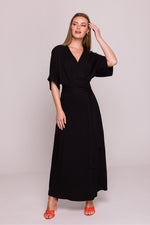 Stylove Viscose Satin V-Neck Flared Day Dress - Sensual Summer Radiance black
