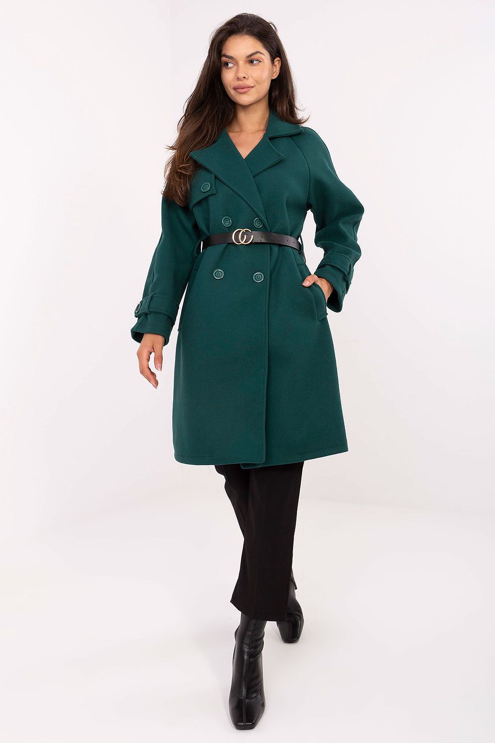 Rue Paris Long Belted Coat green one-size-fits-all