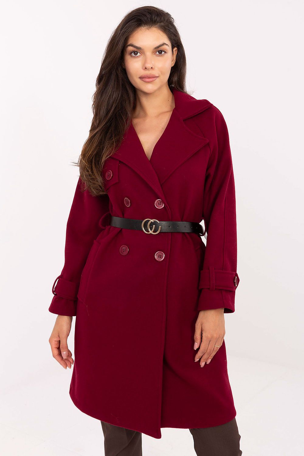 Rue Paris Long Belted Coat red one-size-fits-all