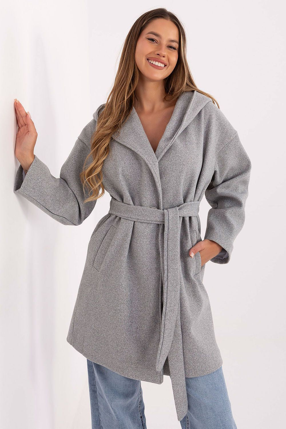 Rue Paris Hooded Belted Knit Coat grey one-size-fits-all