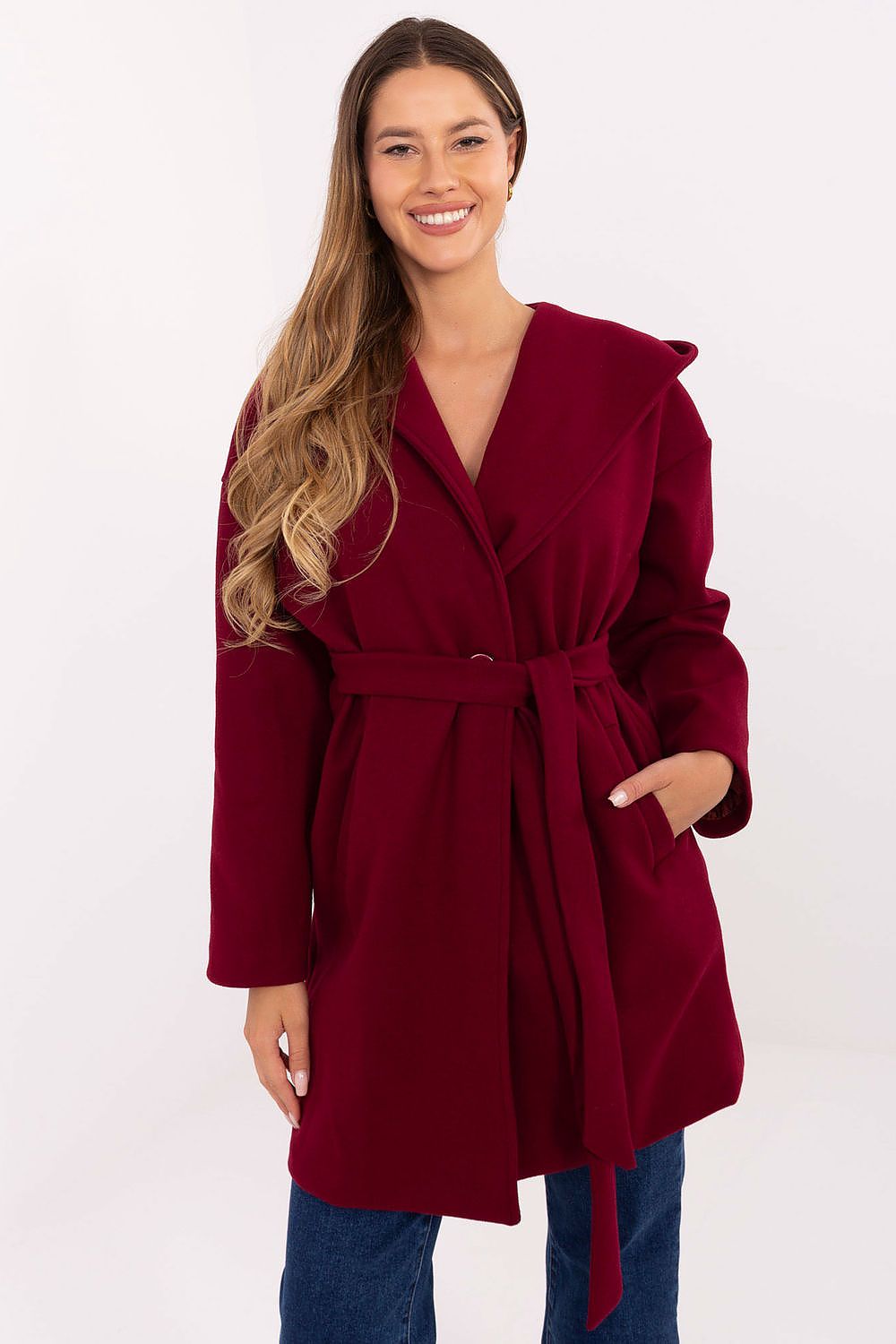 Rue Paris Hooded Belted Knit Coat red one-size-fits-all