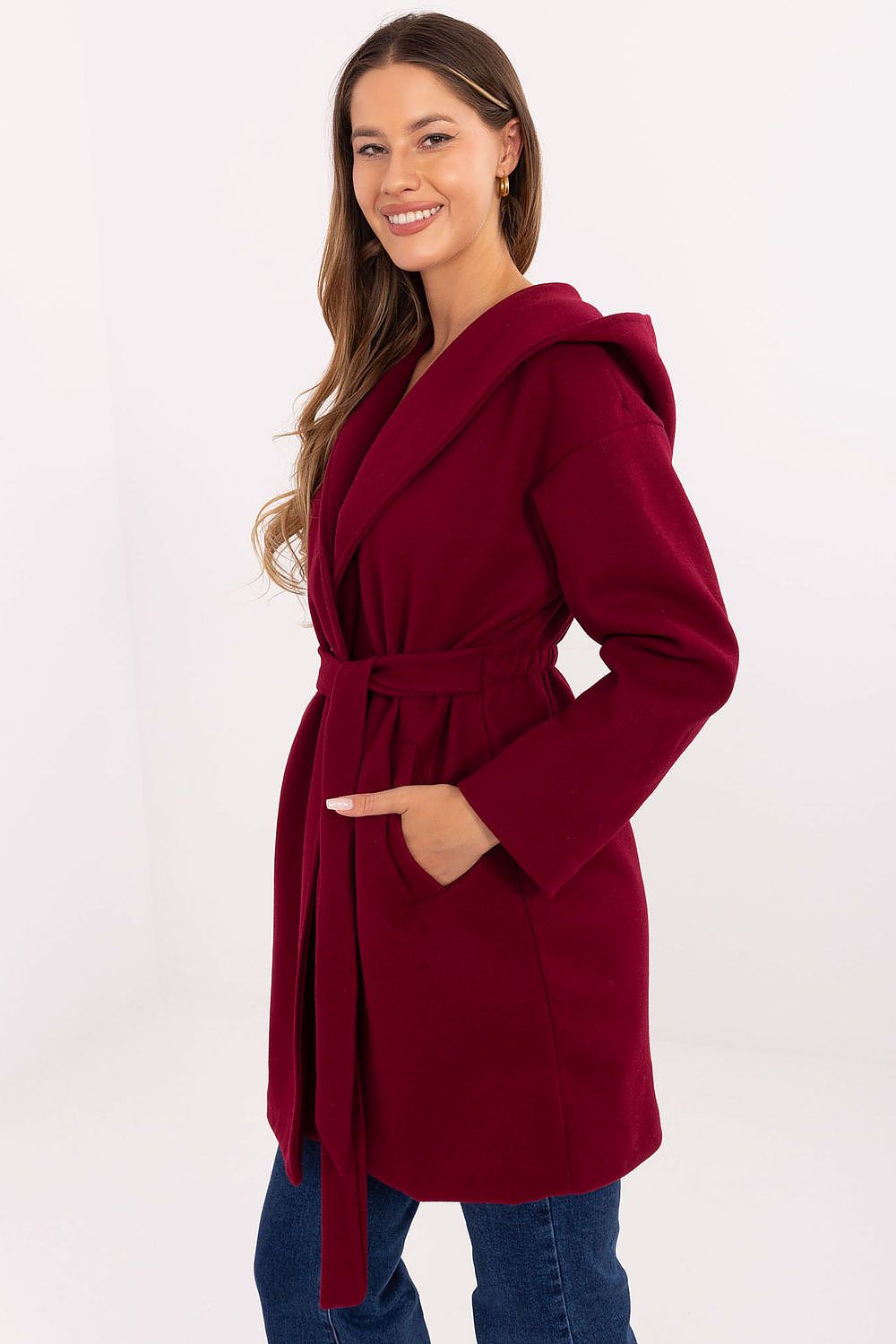Rue Paris Hooded Belted Knit Coat