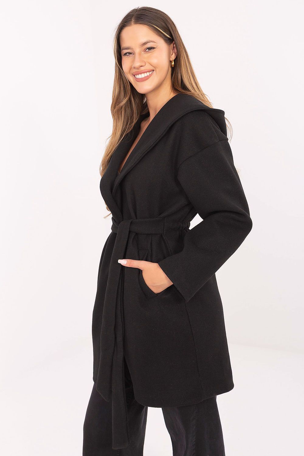 Rue Paris Hooded Belted Knit Coat