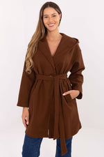 Rue Paris Hooded Belted Knit Coat brown one-size-fits-all