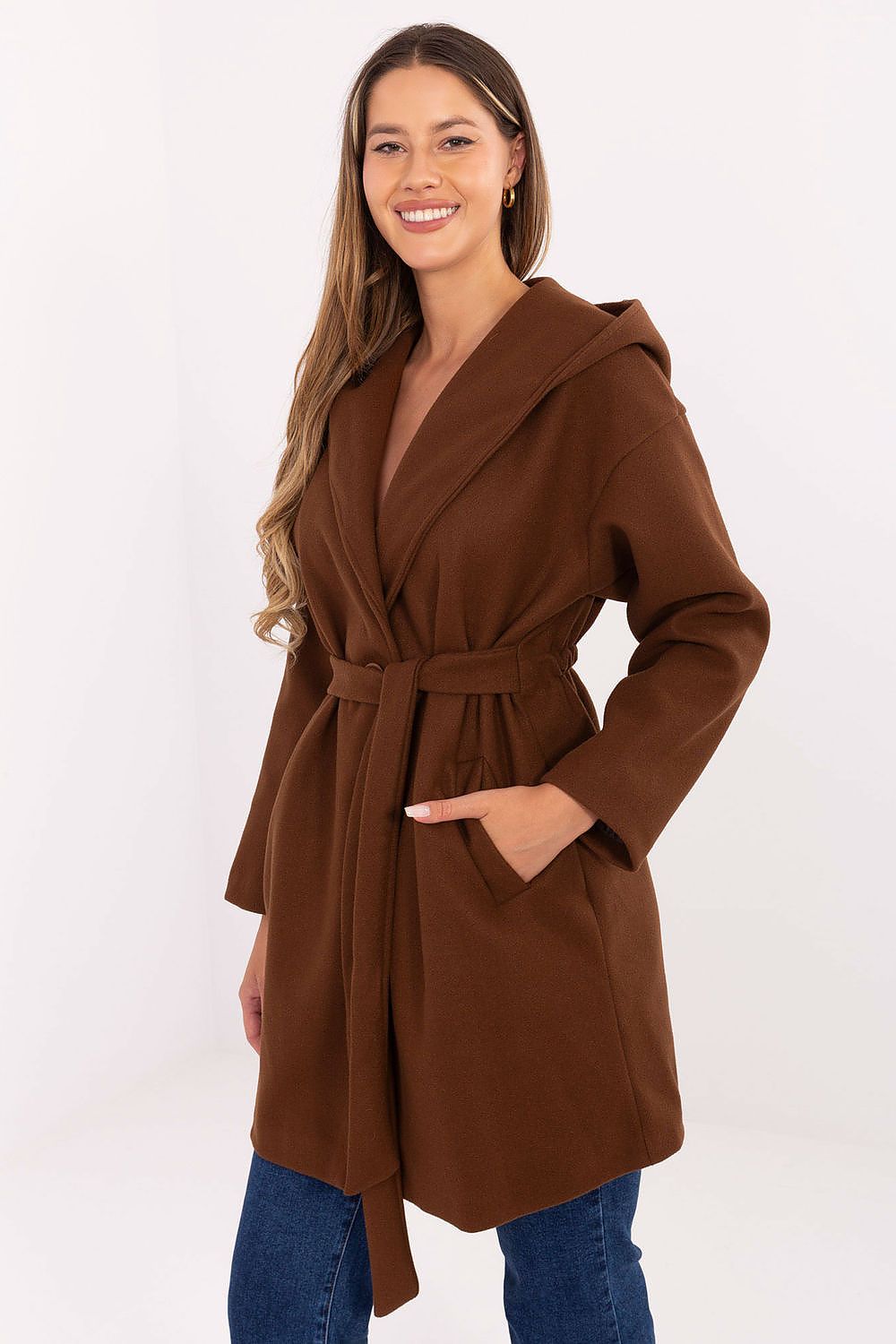 Rue Paris Hooded Belted Knit Coat