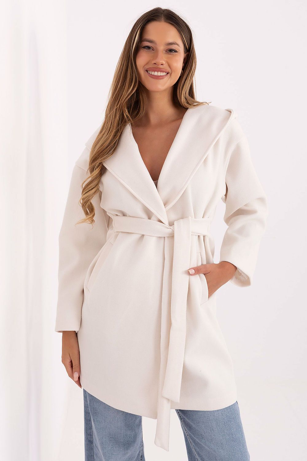 Rue Paris Hooded Belted Knit Coat white one-size-fits-all