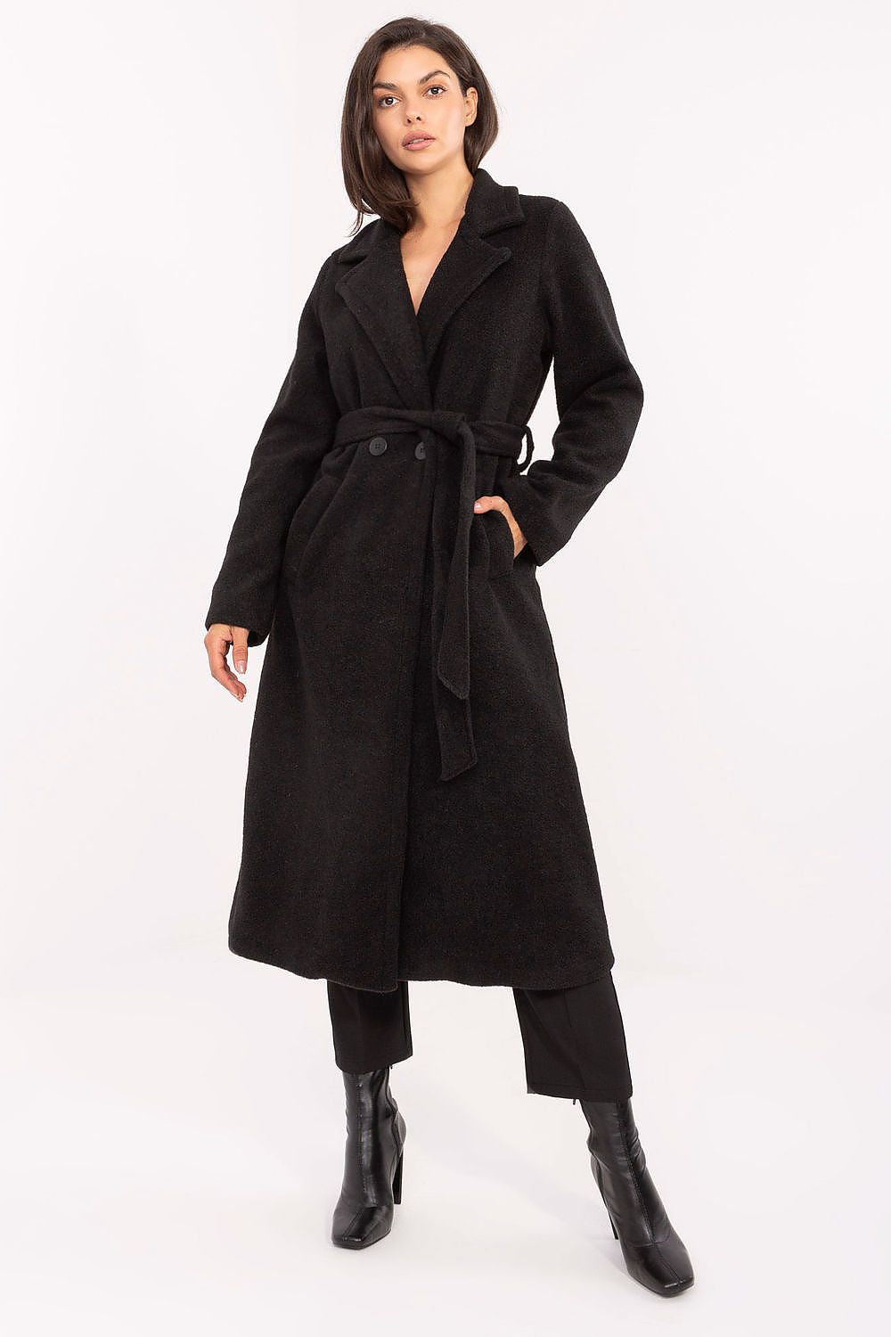 Factory Price Long Boucle Lapel Coat black one-size-fits-all