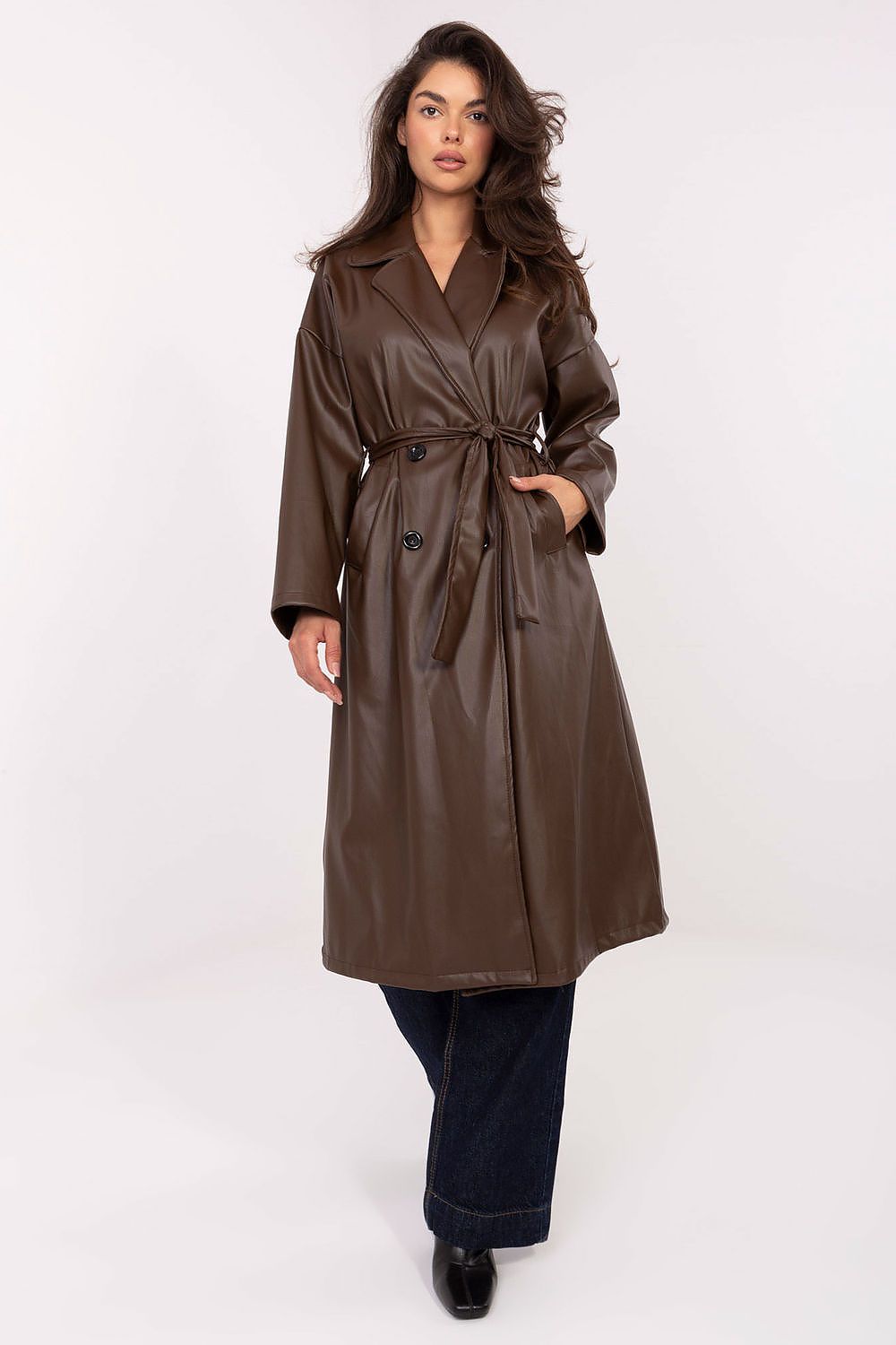 Rue Paris Knee-Length Belted Leather Coat brown one-size-fits-all