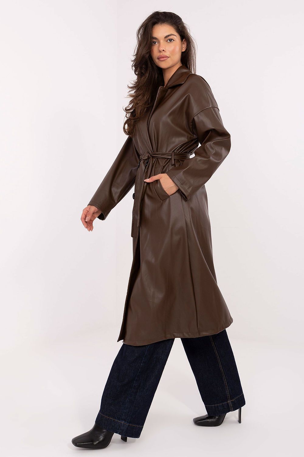 Rue Paris Knee-Length Belted Leather Coat