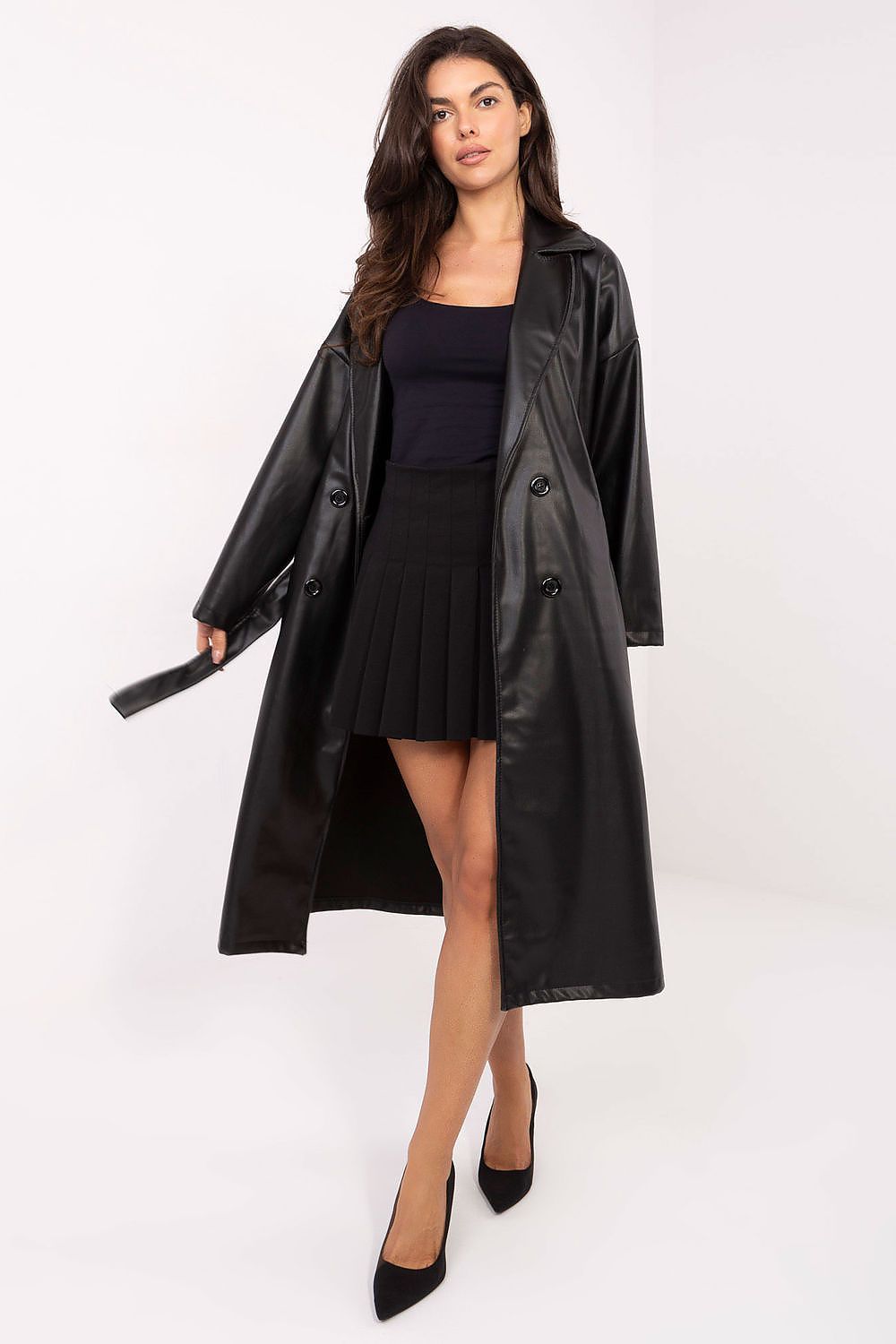 Rue Paris Knee-Length Belted Leather Coat black one-size-fits-all
