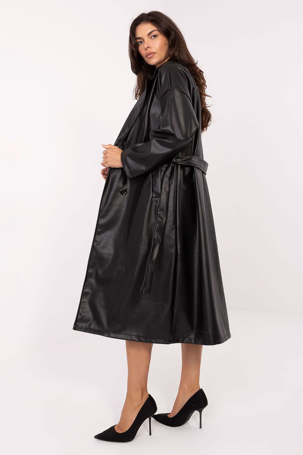 Rue Paris Knee-Length Belted Leather Coat