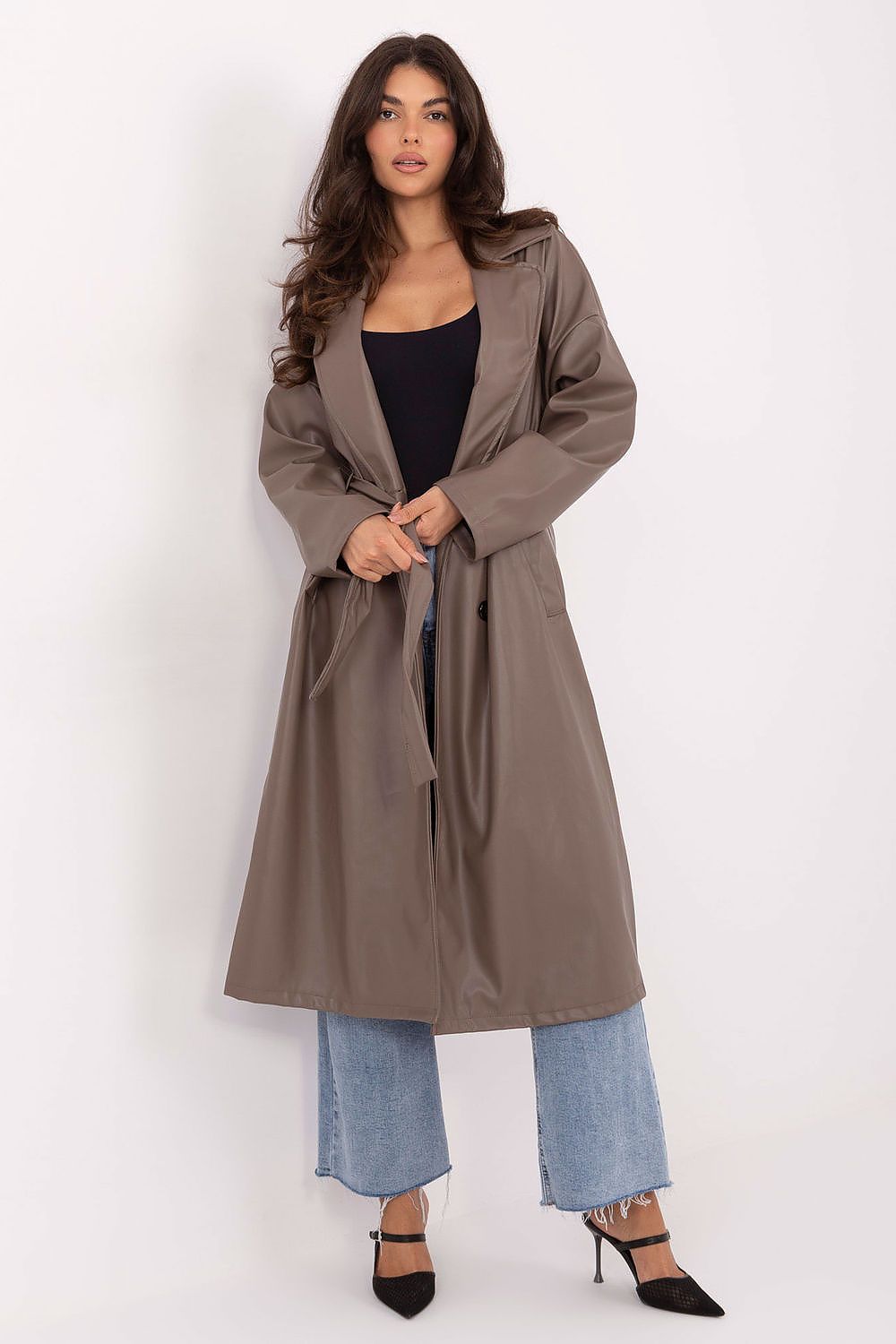 Rue Paris Knee-Length Belted Leather Coat beige one-size-fits-all